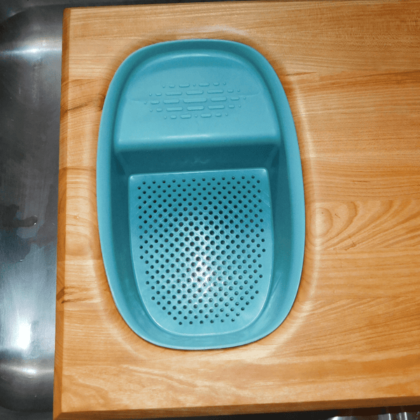 Over The Sink Cherry Wood Edge Grain Cutting Board with Colander and Clear Rubber Grip Feet