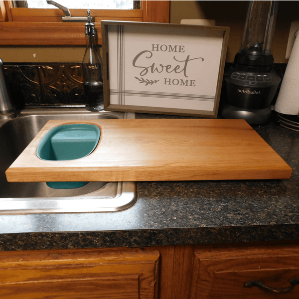 Over The Sink Cherry Wood Edge Grain Cutting Board with Colander and Clear Rubber Grip Feet