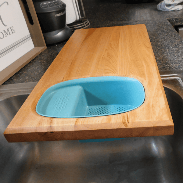 Over The Sink Cherry Wood Edge Grain Cutting Board with Colander and Clear Rubber Grip Feet