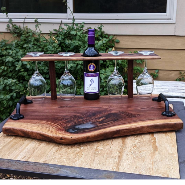Large Black Walnut Wine Charcuterie Board with Four Wine Glasses