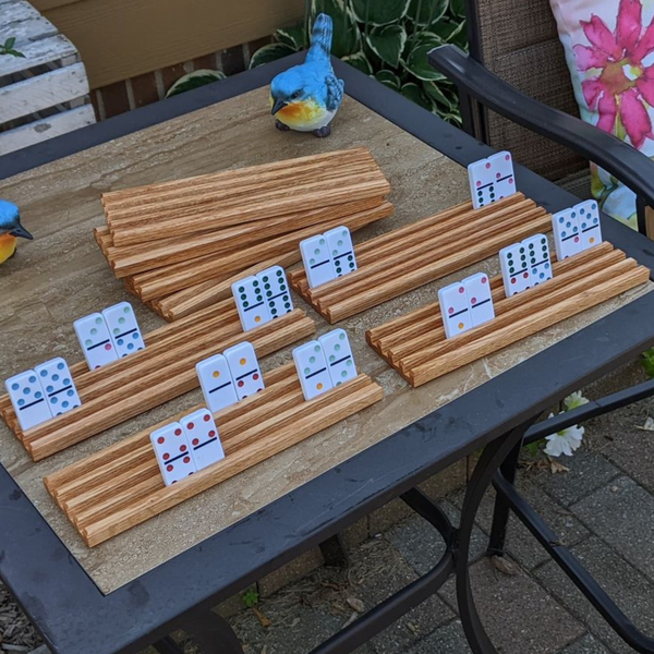 Set of FOUR Oak Wood Domino Holders with 4 Angled Domino Slots, Wooden Domino Stands, Trays, Racks, Brackets, Tile Storage, Display Stands for Mexican Train, Chicken Foot. Mahjong Games, and classic board games.