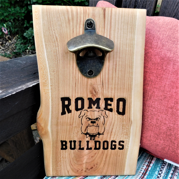 Romeo Bulldogs Engraved Cherry Wood Bottle Opener