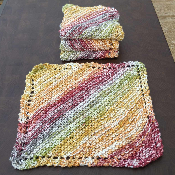 Set of Four Ombre Hand-Knit Washcloths, 100% Cotton Dishrags, Maroon, Mustard Yellow, Sage Green, and White