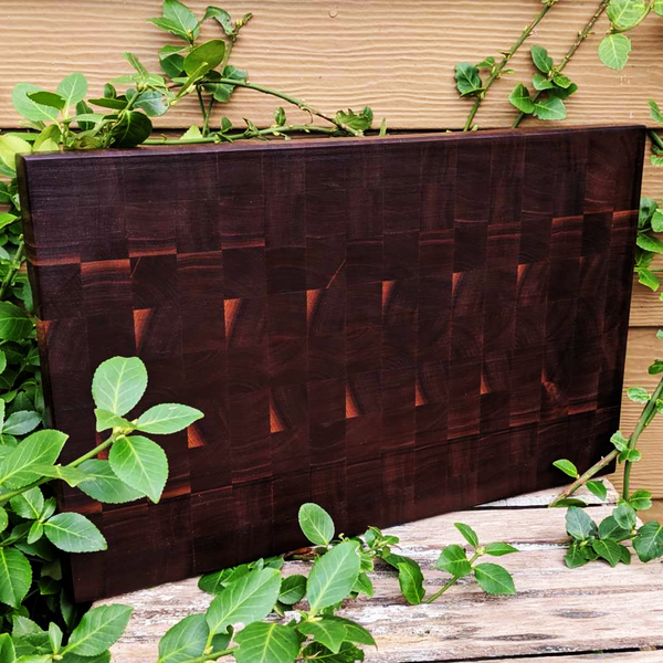 Large Black Walnut End Grain Cutting Board with Hand Grooves and a Beveled Edge.