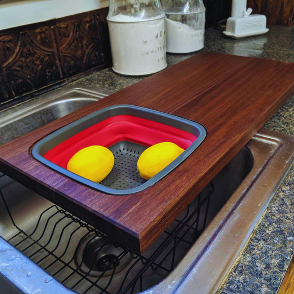 Large Over The Sink Black Walnut Edge Grain Cutting Board with Colander and Clear Rubber Grip Feet