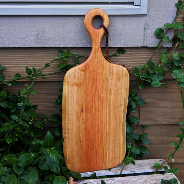 Cherry Wood Charcuterie Board With Handle & Leather Strap Wooden Serving Tray