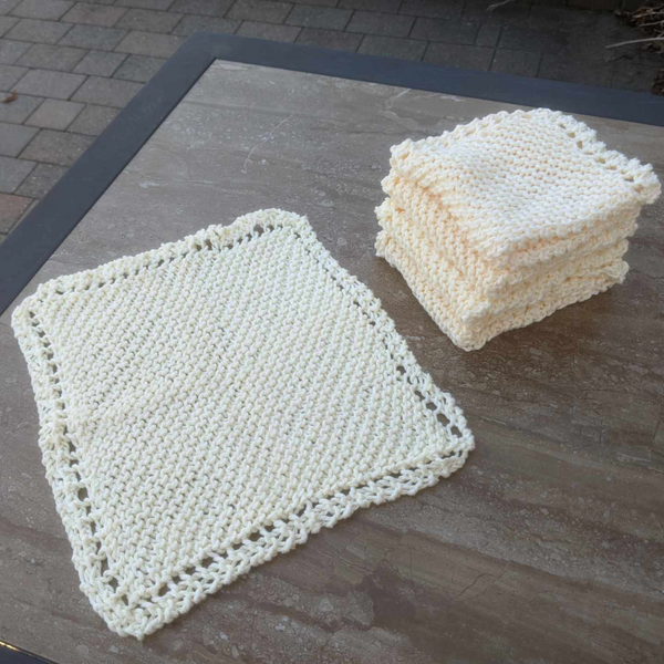 Set of Four Hand-Knit Washcloths, 100% Cotton Dishrags Light Soft Yellow