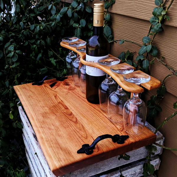 Spalted Cherry Wood Wine Charcuterie Board with Six Wine Glasses, Cast Iron Handles, & Clear Rubber Grip Feet