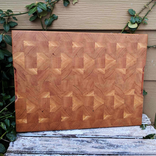 Cherry Wood End Grain Cutting Board with Hand Grooves on Sides & Beveled Edge, Wooden Butcher Block Board