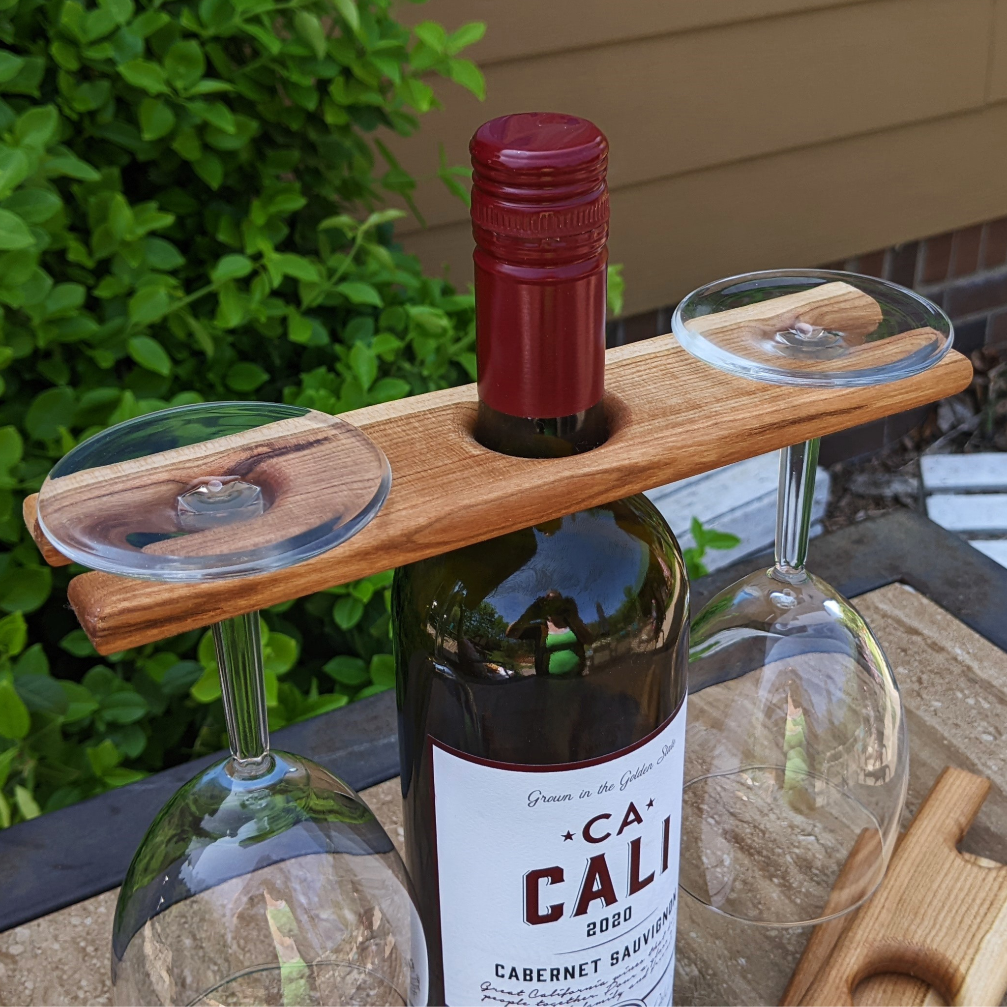 Oak Hardwood Wine Bottle & Glass Caddy 2-Glass