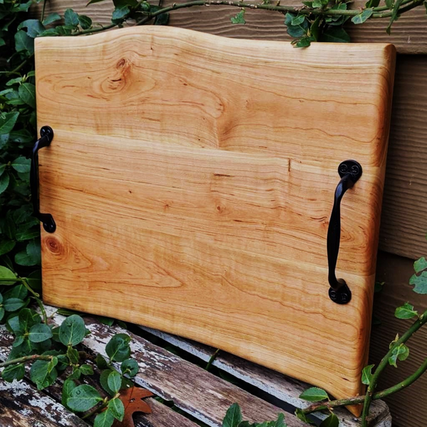 Cherry Wood Charcuterie Board with Sturdy Cast Iron Handles & Clear Rubber Grip Feet Wooden Cheese Serving Tray