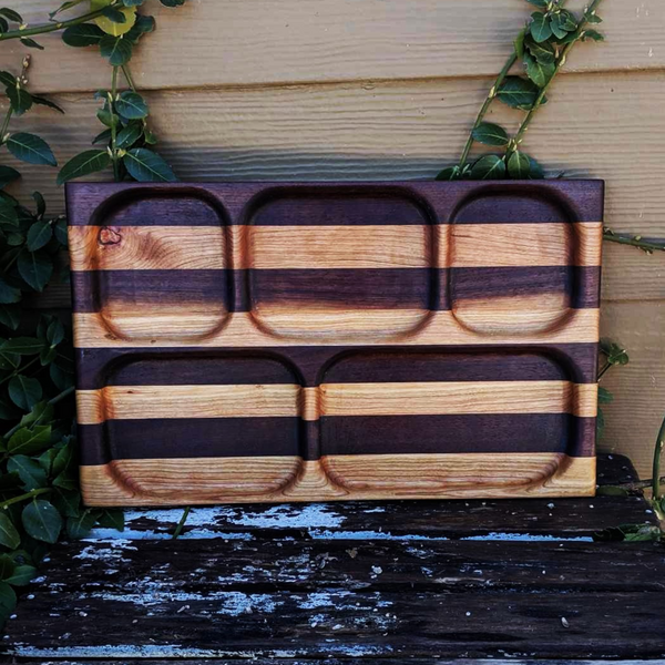 Cherry Wood & Black Walnut Wooden Divided Food Plate with Compartments, Dinner Trays