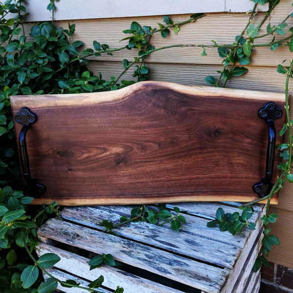 Black Walnut Wood Charcuterie Board / Wooden Serving Tray With Heavy Duty Cast Iron Handles & Clear Rubber Feet