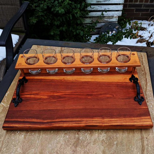 Spalted Cherry Wood Beer Flight Charcuterie Board with 5.5 oz. Taster Glasses, Stainless Steel Sauce Cups, Cast Iron Handles, & Clear Rubber Grip Feet