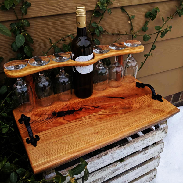 Spalted Cherry Wood Wine Charcuterie Board with Six Wine Glasses, Cast Iron Handles, & Clear Rubber Grip Feet