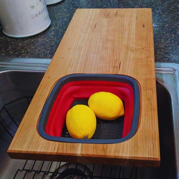 Over the Sink Cherry Wood Edge Grain Cutting Board with Colander and Clear Rubber Grip Feet