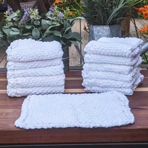 Set of Four Hand-Knit Washcloths, 100% Cotton Dishrags, White