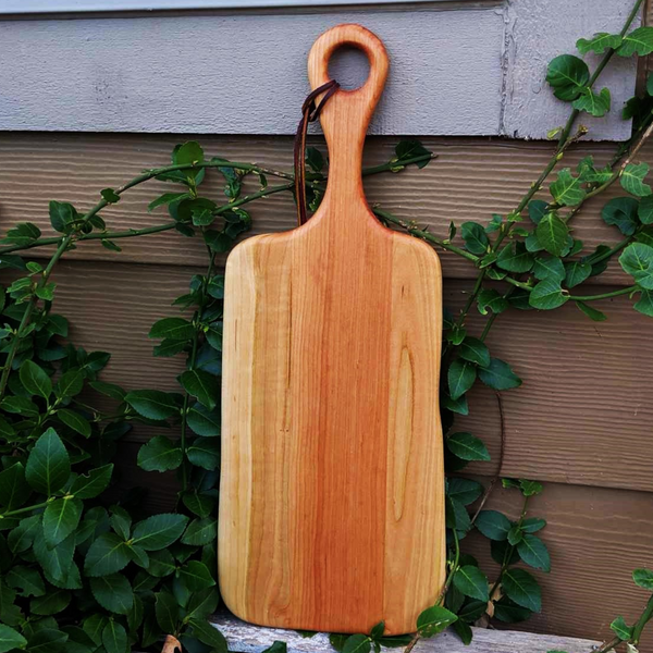 Cherry Wood Charcuterie Board With Handle & Leather Strap Wooden Serving Tray