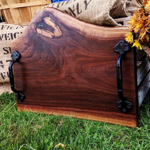 Large Black Walnut Charcuterie Board with Cast Iron Handles | Handmade Serving Tray