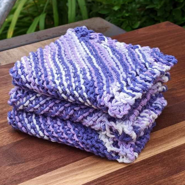 Set of Three Hand-Knit Washcloths, 100% Cotton Dishrags, Light Purple, Dark Purple, & White