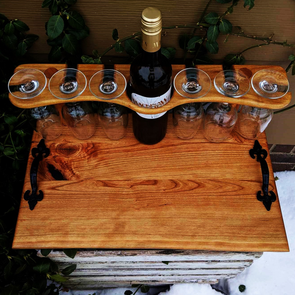 Spalted Cherry Wood Wine Charcuterie Board with Six Wine Glasses, Cast Iron Handles, & Clear Rubber Grip Feet