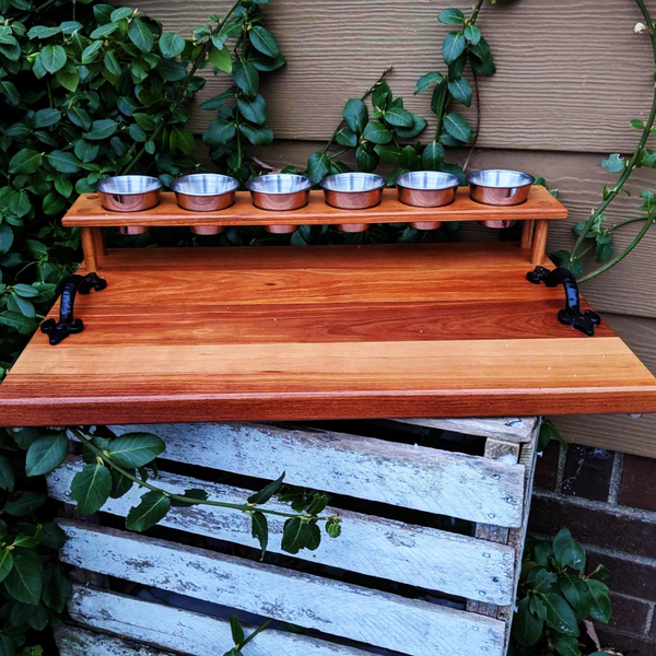 Spalted Cherry Wood Beer Flight Charcuterie Board with 5.5 oz. Taster Glasses, Stainless Steel Sauce Cups, Cast Iron Handles, & Clear Rubber Grip Feet