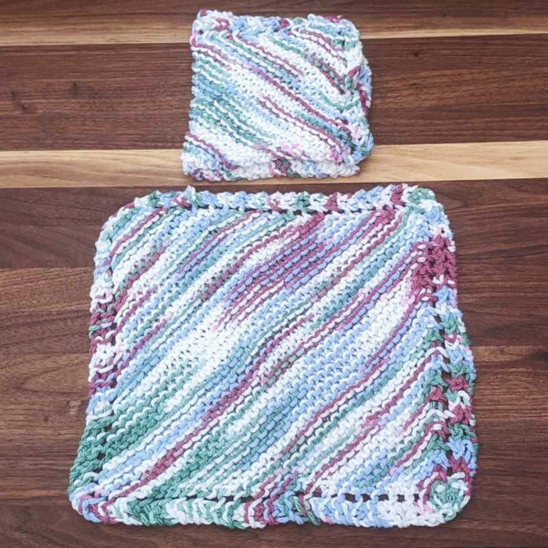Set of Two Hand-Knit Washcloths, 100% Cotton Dishrags, Purple, White, & Blue