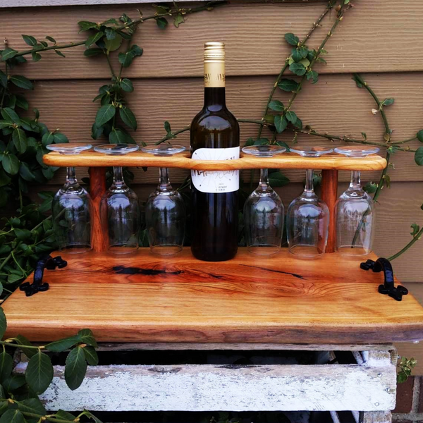 Spalted Cherry Wood Wine Charcuterie Board with Six Wine Glasses, Cast Iron Handles, & Clear Rubber Grip Feet