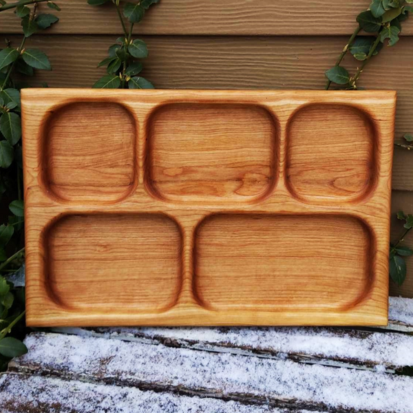 Cherry Wood Divided Food Plate with Compartments, Wooden Dinner Tray