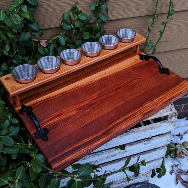 Spalted Cherry Wood Beer Flight Charcuterie Board with 5.5 oz. Taster Glasses, Stainless Steel Sauce Cups, Cast Iron Handles, & Clear Rubber Grip Feet