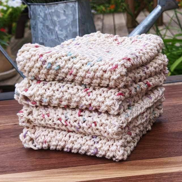 Set of Four Hand-Knit Washcloths, 100% Cotton Dishrags, Cream, Light Blue, & Light Pink