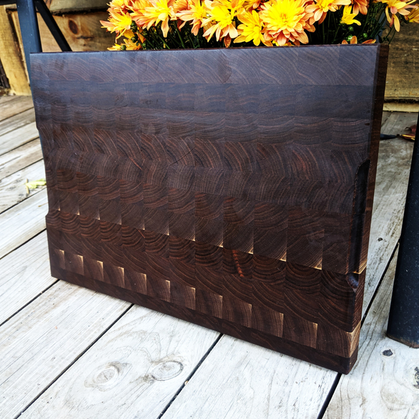 Large Black Walnut Wood End Grain Cutting Board with Hand Grooves, Wooden Butcher Board