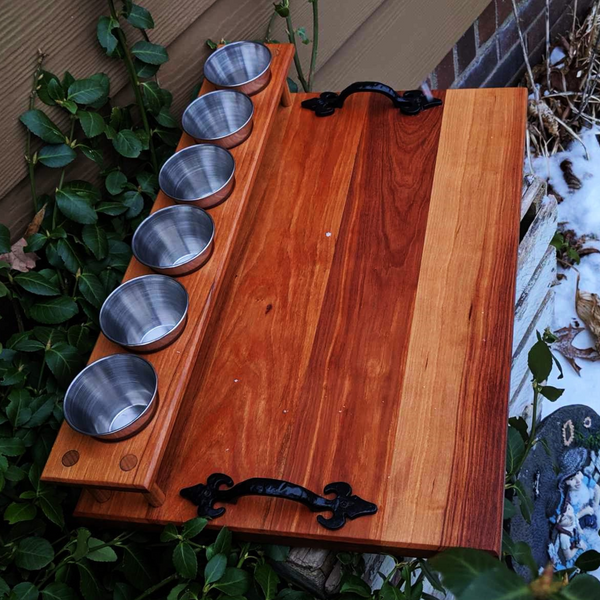 Spalted Cherry Wood Beer Flight Charcuterie Board with 5.5 oz. Taster Glasses, Stainless Steel Sauce Cups, Cast Iron Handles, & Clear Rubber Grip Feet