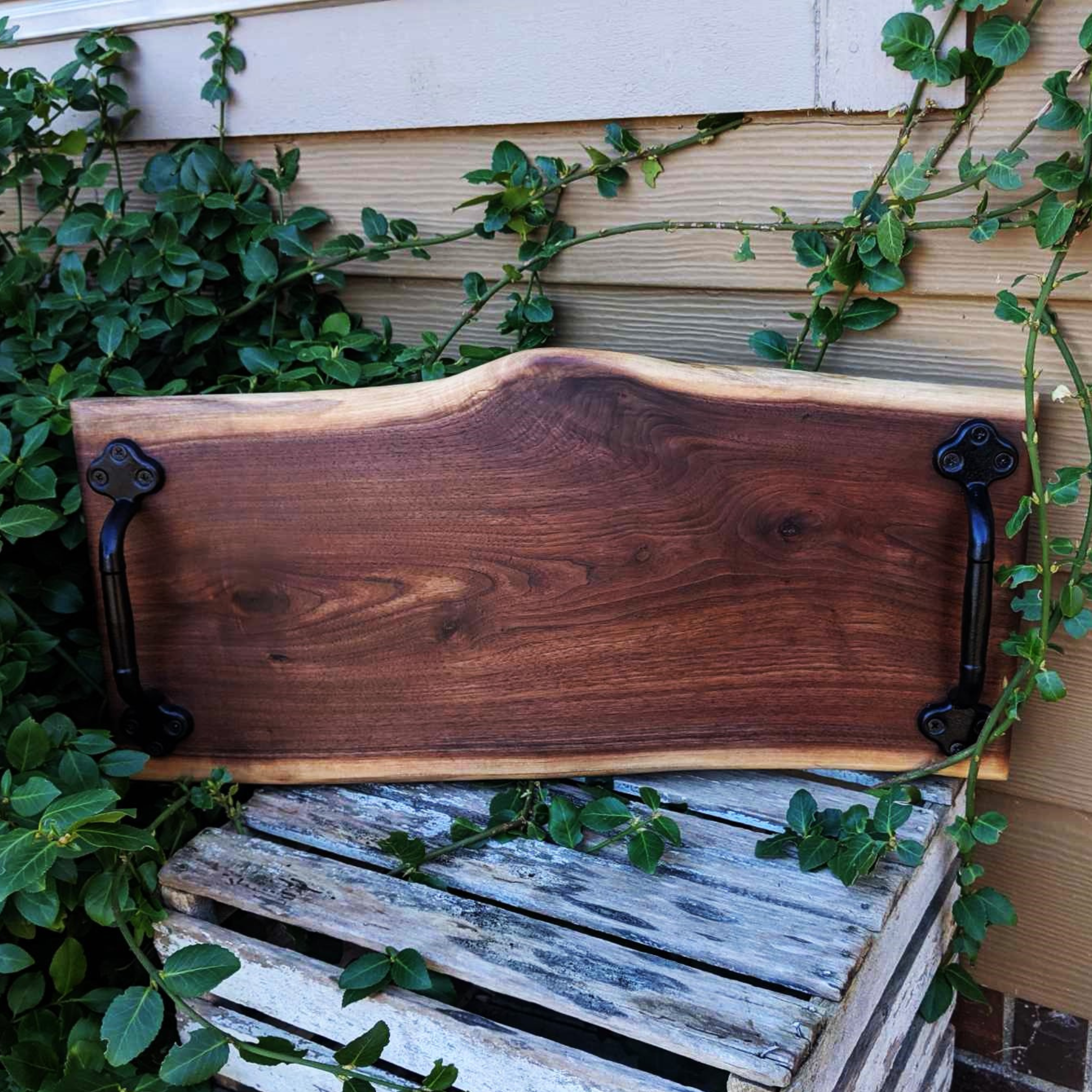 Black Walnut Wood Charcuterie Board / Wooden Serving Tray With Heavy Duty Cast Iron Handles & Clear Rubber Feet