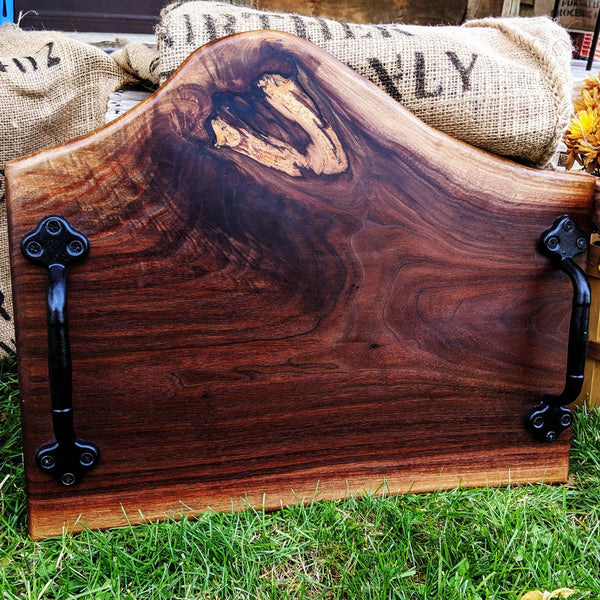Large Black Walnut Charcuterie Board with Cast Iron Handles | Handmade Serving Tray