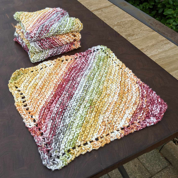 Set of Four Ombre Hand-Knit Washcloths, 100% Cotton Dishrags, Maroon, Mustard Yellow, Sage Green, and White