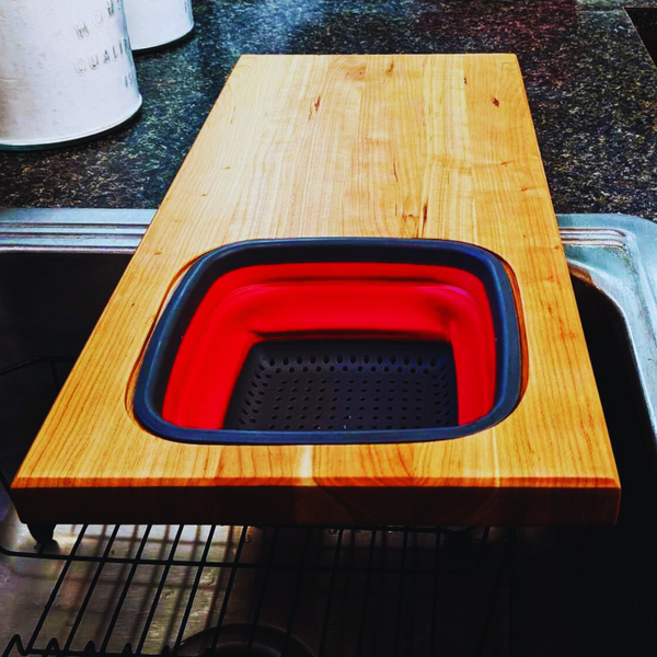 Over the Sink Cherry Wood Edge Grain Cutting Board with Colander and Clear Rubber Grip Feet