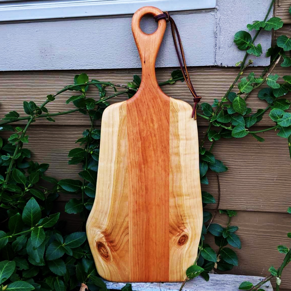 Cherry Wood Charcuterie Board With Handle & Leather Strap Wooden Serving Tray