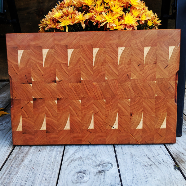 Large Cherry Wood End Grain Cutting Board with Hand Grooves and a Beveled Edge, Wooden Butcher Block Board