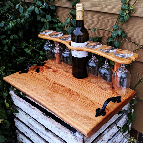 Spalted Cherry Wood Wine Charcuterie Board with Six Wine Glasses, Cast Iron Handles, & Clear Rubber Grip Feet