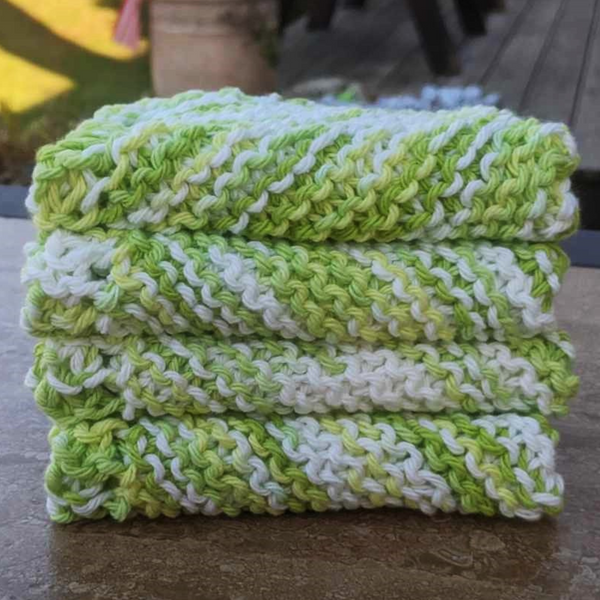 Set of Four Hand-Knit Washcloths, 100% Cotton Dishrags, "Key Lime Pie" White, Yellow, Lime Green