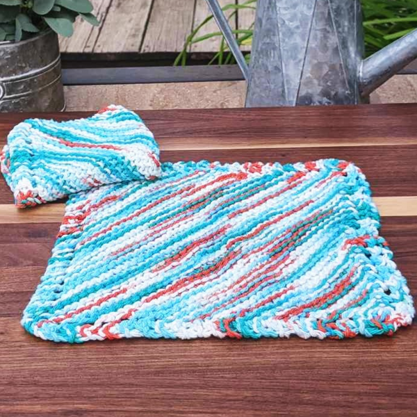 Set of Two Hand-Knit Washcloths, 100% Cotton Dishrags, Green, Blue, Orange, & White Ombre