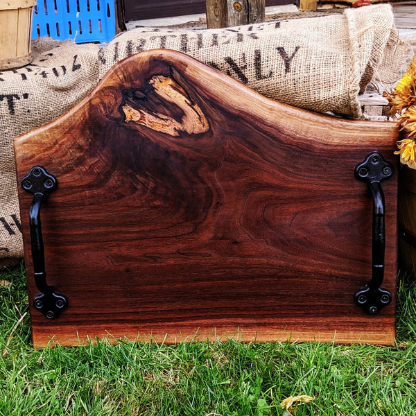 Large Black Walnut Charcuterie Board with Cast Iron Handles | Handmade Serving Tray