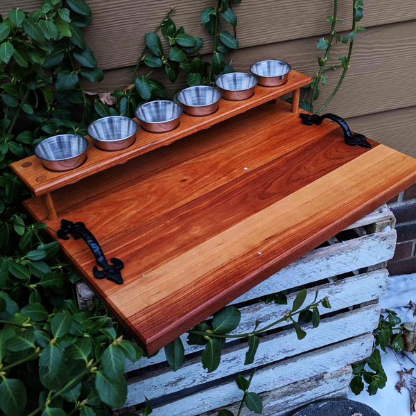 Spalted Cherry Wood Beer Flight Charcuterie Board with 5.5 oz. Taster Glasses, Stainless Steel Sauce Cups, Cast Iron Handles, & Clear Rubber Grip Feet