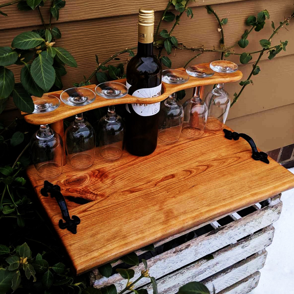 Spalted Cherry Wood Wine Charcuterie Board with Six Wine Glasses, Cast Iron Handles, & Clear Rubber Grip Feet