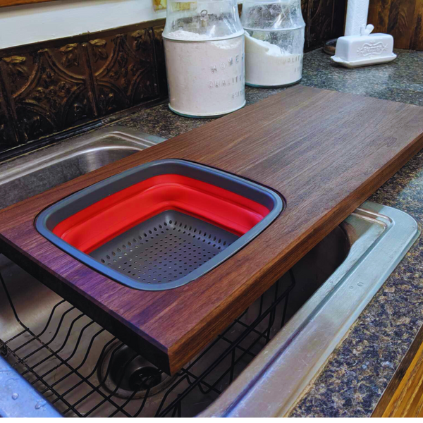 Large Over The Sink Black Walnut Edge Grain Cutting Board with Colander and Clear Rubber Grip Feet