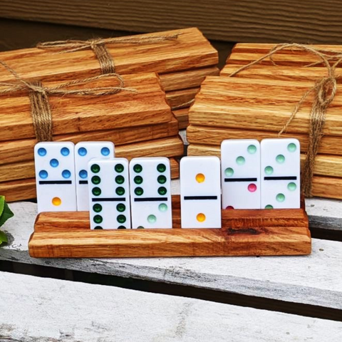 Set of FOUR Mini Oak Wood Domino Holders with 2 Angled Domino Slots