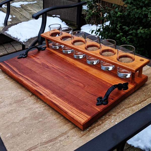 Spalted Cherry Wood Beer Flight Charcuterie Board with 5.5 oz. Taster Glasses, Stainless Steel Sauce Cups, Cast Iron Handles, & Clear Rubber Grip Feet