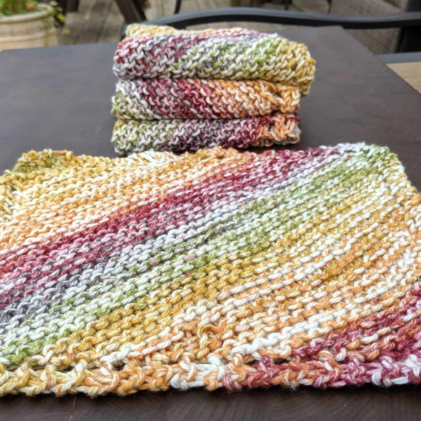 Set of Four Ombre Hand-Knit Washcloths, 100% Cotton Dishrags, Maroon, Mustard Yellow, Sage Green, and White