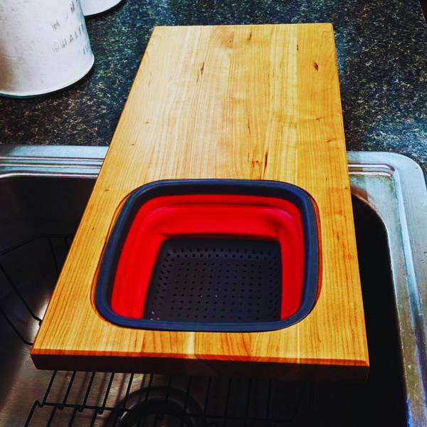 Over the Sink Cherry Wood Edge Grain Cutting Board with Colander and Clear Rubber Grip Feet